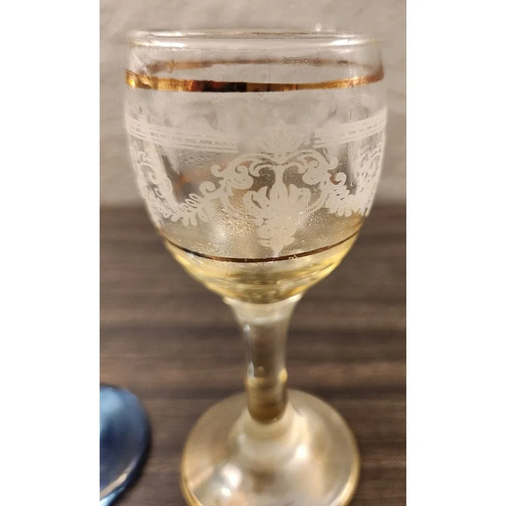 Venezia Cordial Glass LOT Etched Gold Accent Blue Yellow Italian Stemware